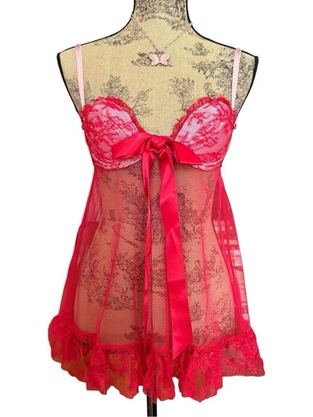 ⚡️10$ sale⚡️ La Senza Red Lace & Mesh Babydoll Chemise with Satin Bow Size M